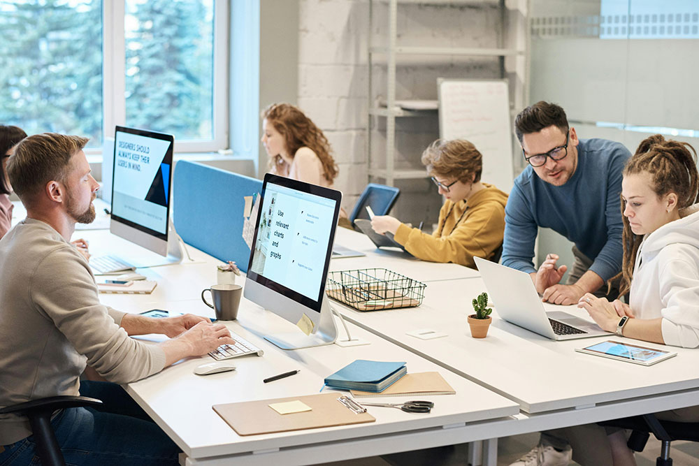 Young professionals in front of computers in an office